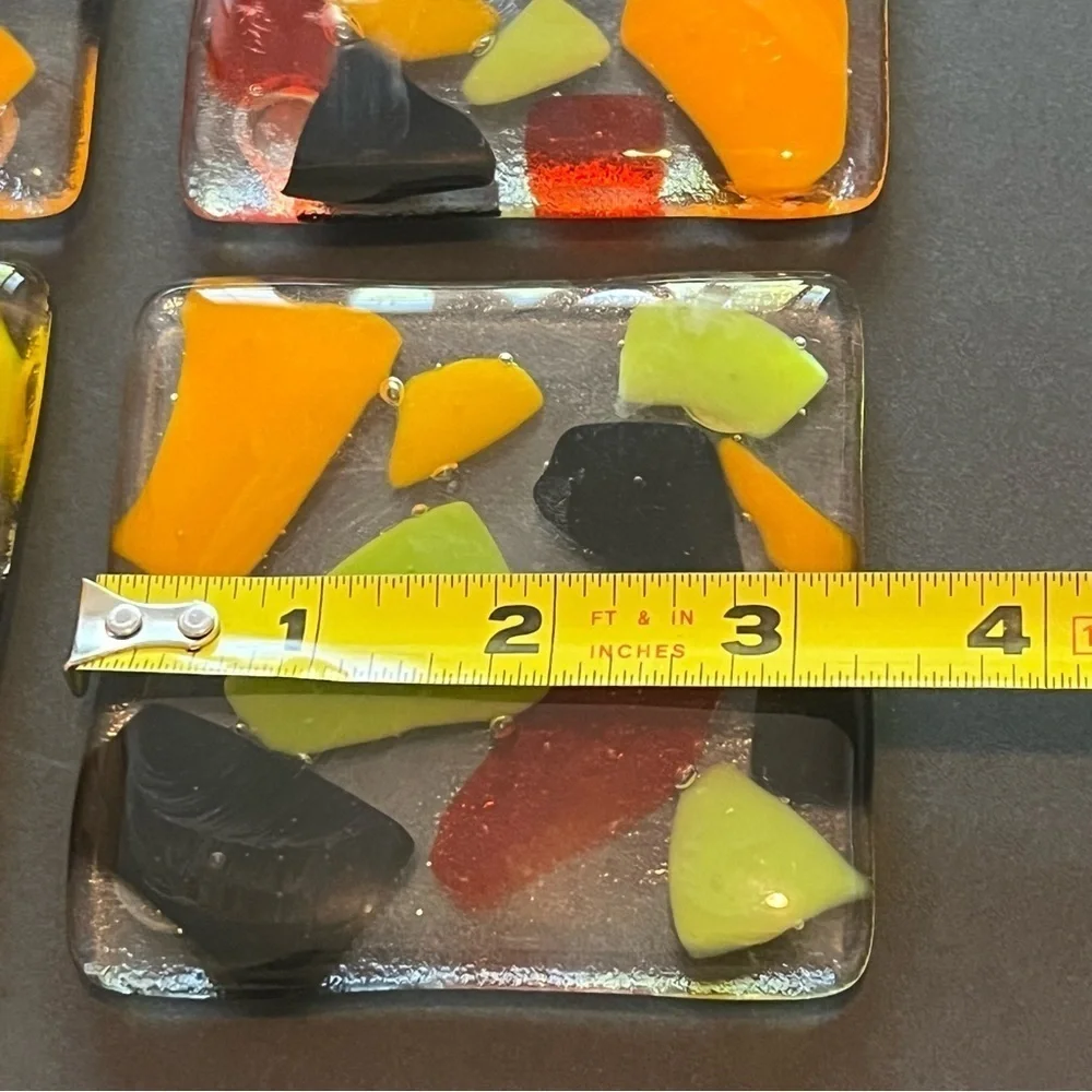 Fused Art Glass Coasters Barware Drink Abstract Geometric Black Orange MCM 4x